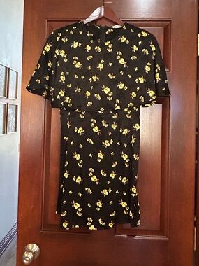 Zara Black Yellow Floral Cape Mini Dress XS Overlay Party Cocktail
